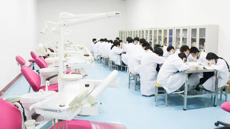 学生在口腔实训室工作台旁学习